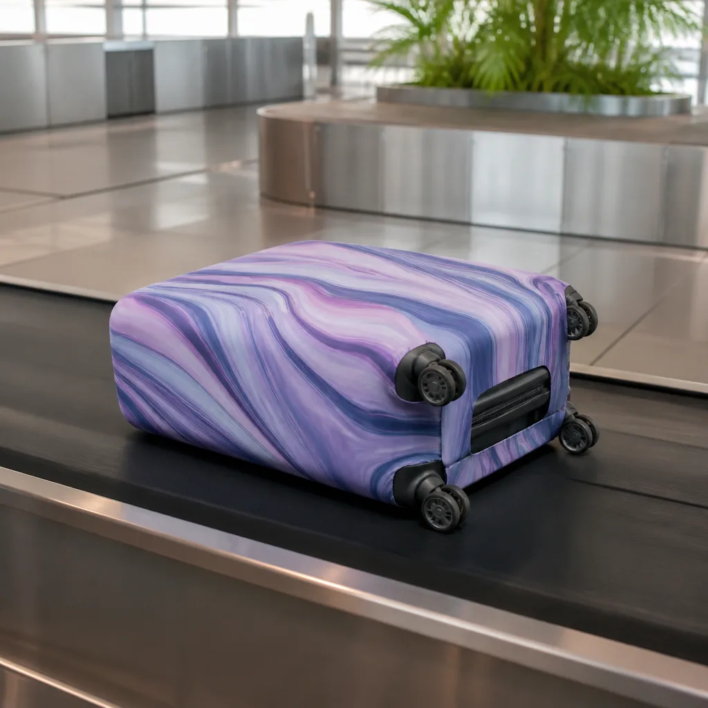 suitcase with a colorful protective cover sliding along an airport luggage belt
