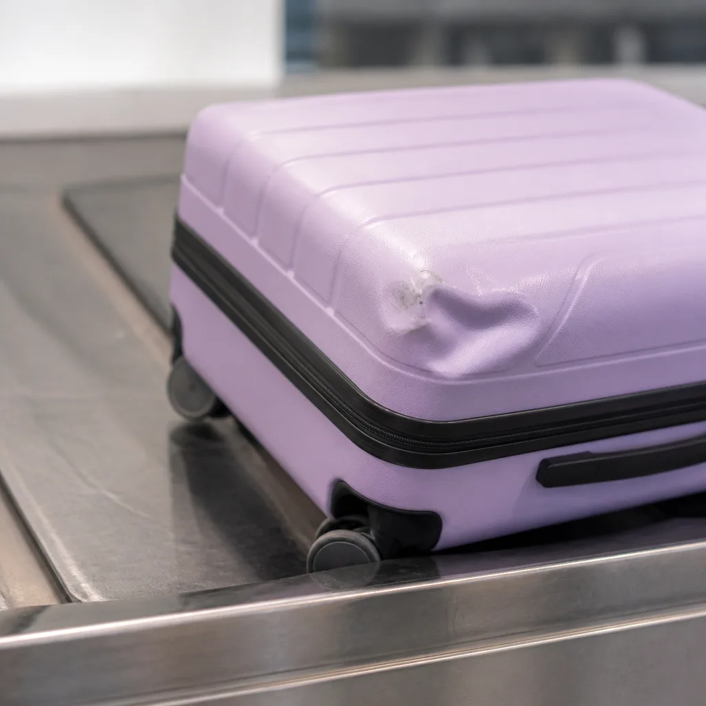 dented corner of a hard shell suitcase after rough baggage handling