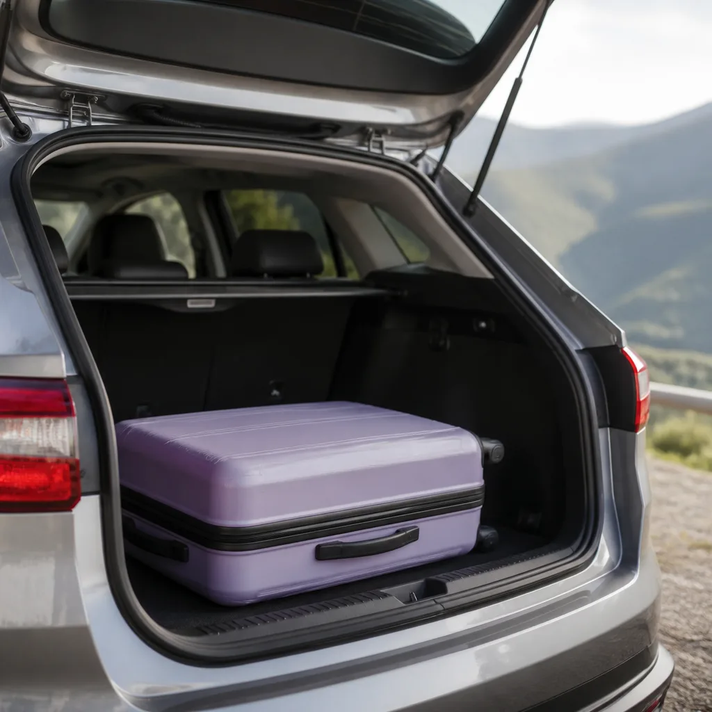 suitcase being loaded into the trunk of a car for a road trip
