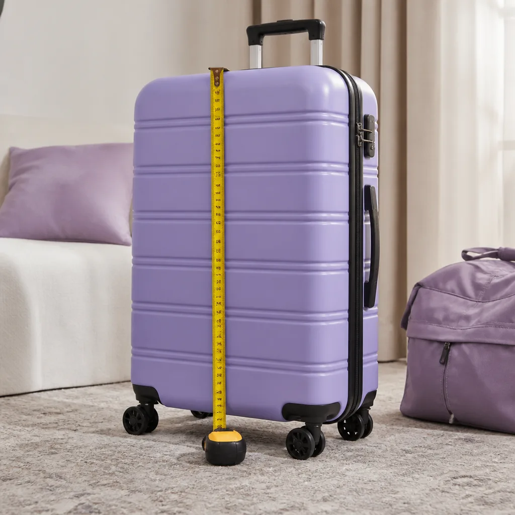 Tape measure laid along the height of an upright hardshell suitcase