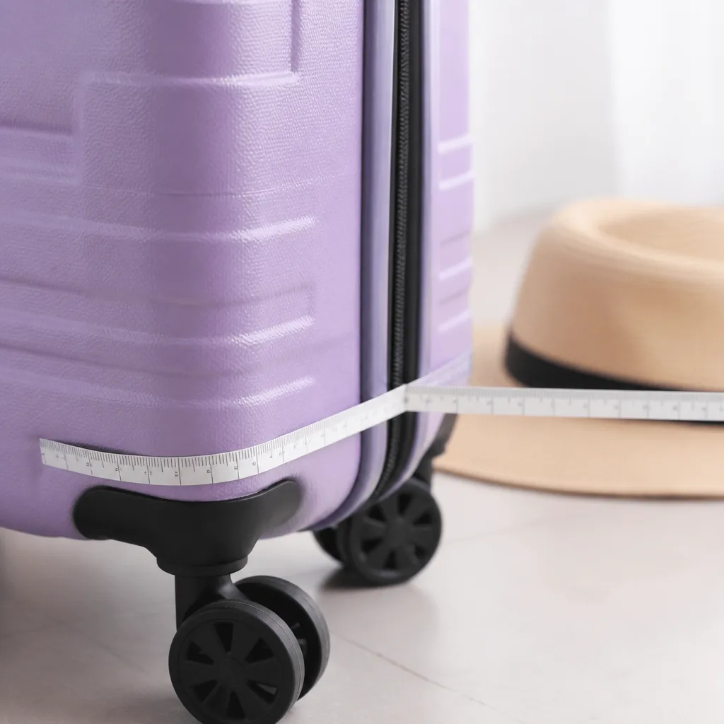 Close-up of a tape measure wrapped around the wheel area at the base of a suitcase