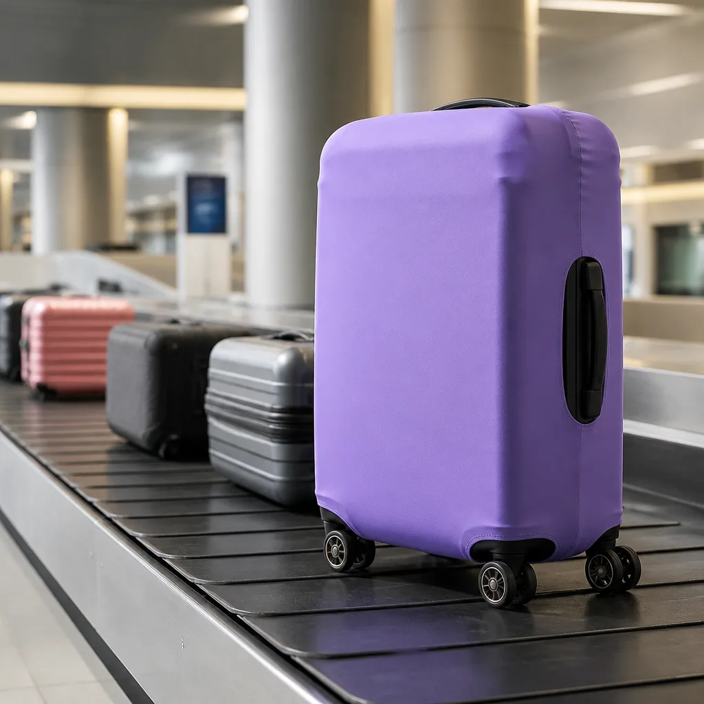 Hard shell suitcase with a bright elastic protective cover on an airport luggage belt, other suitcases in the background