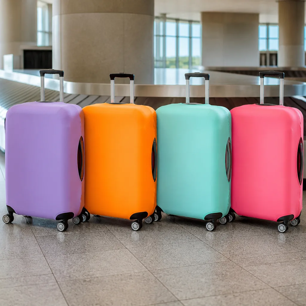 four identical suitcases with protective covers in different bright colors standing in a row at an airport baggage area