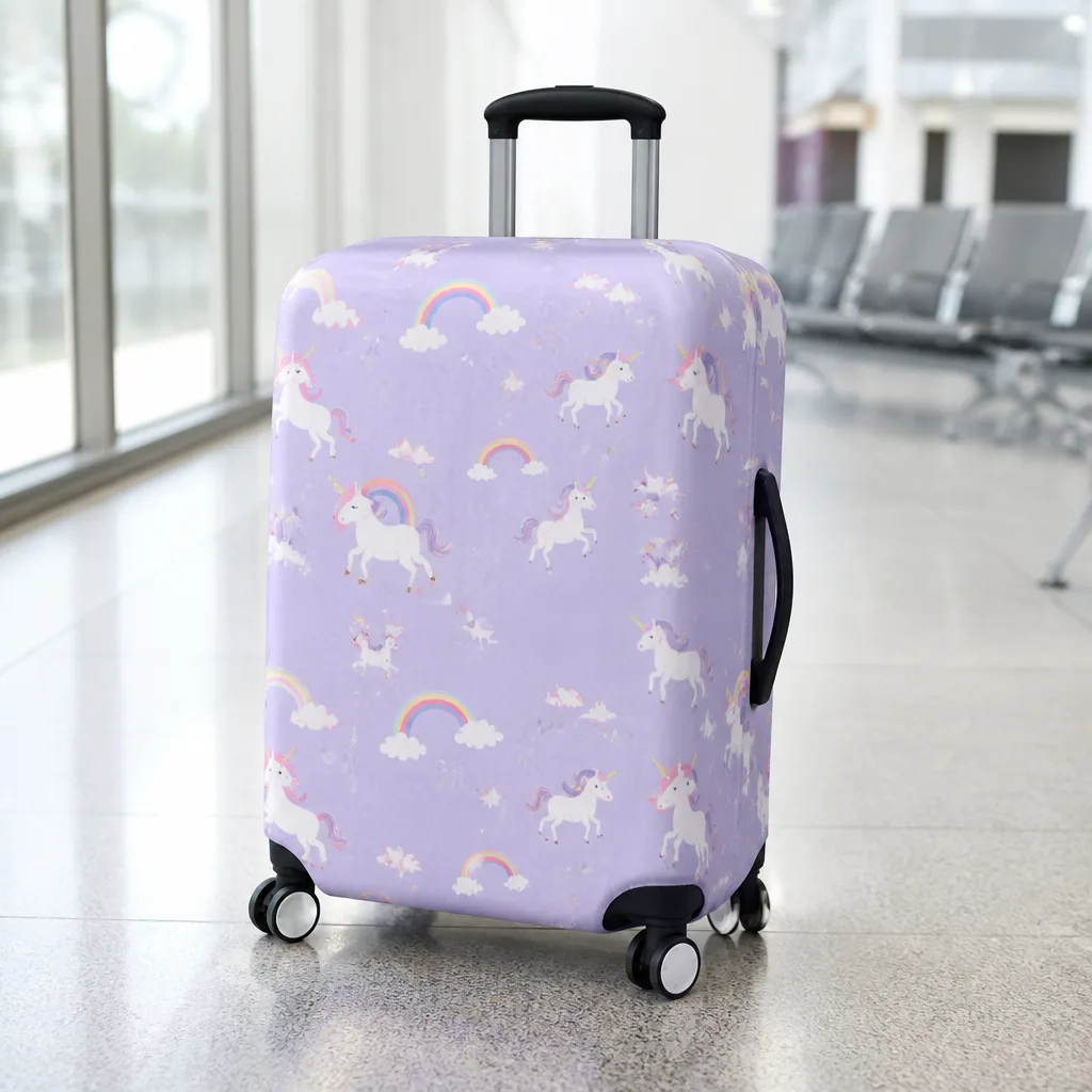child-sized suitcase with a protective cover featuring a printed first name, airport terminal background, no faces