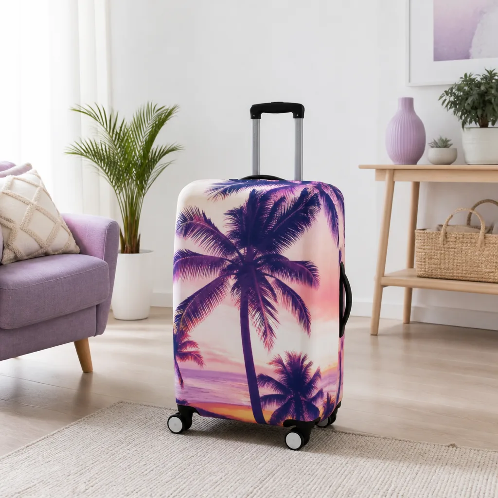 suitcase with a protective cover featuring a palm tree print, bright beach vacation travel setting, no faces