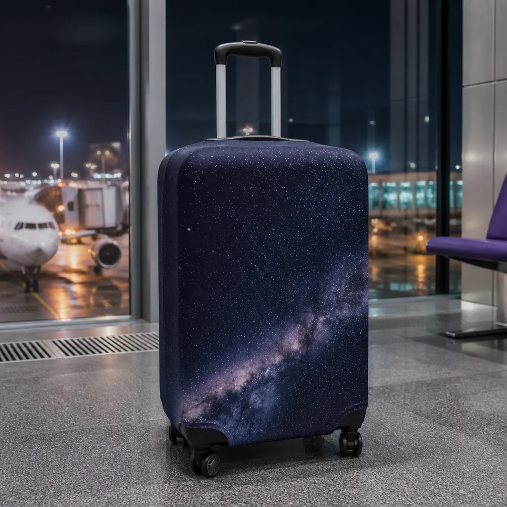 suitcase with a protective cover printed with a dark starry night sky design, airport terminal at night, no faces