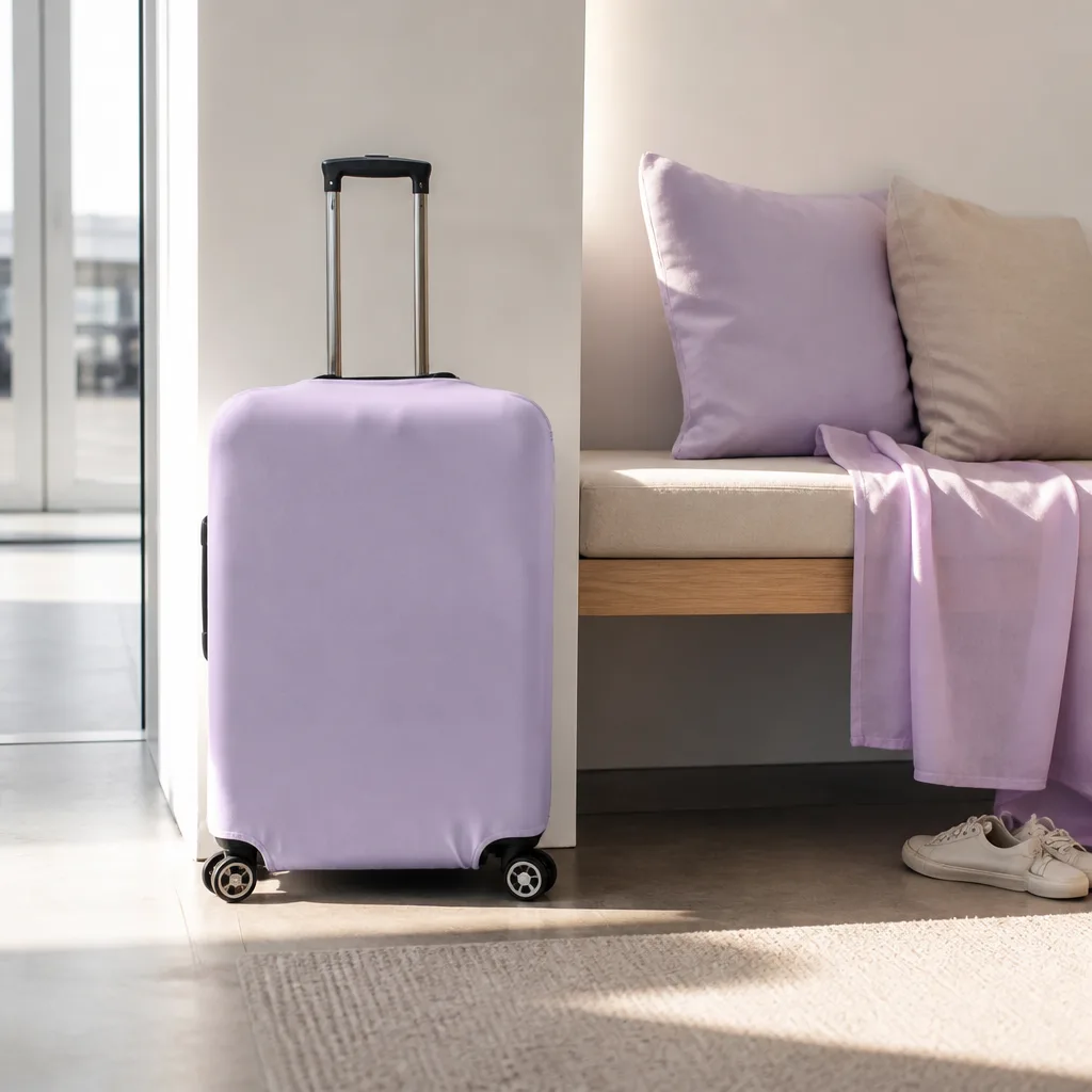 suitcase with a soft pastel colored protective cover, calm and clean travel setting, no faces
