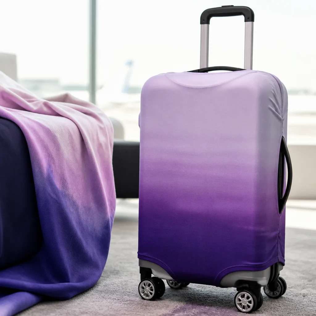 suitcase with a hand-dyed ombre gradient protective cover, colorful fabric close-up, no faces