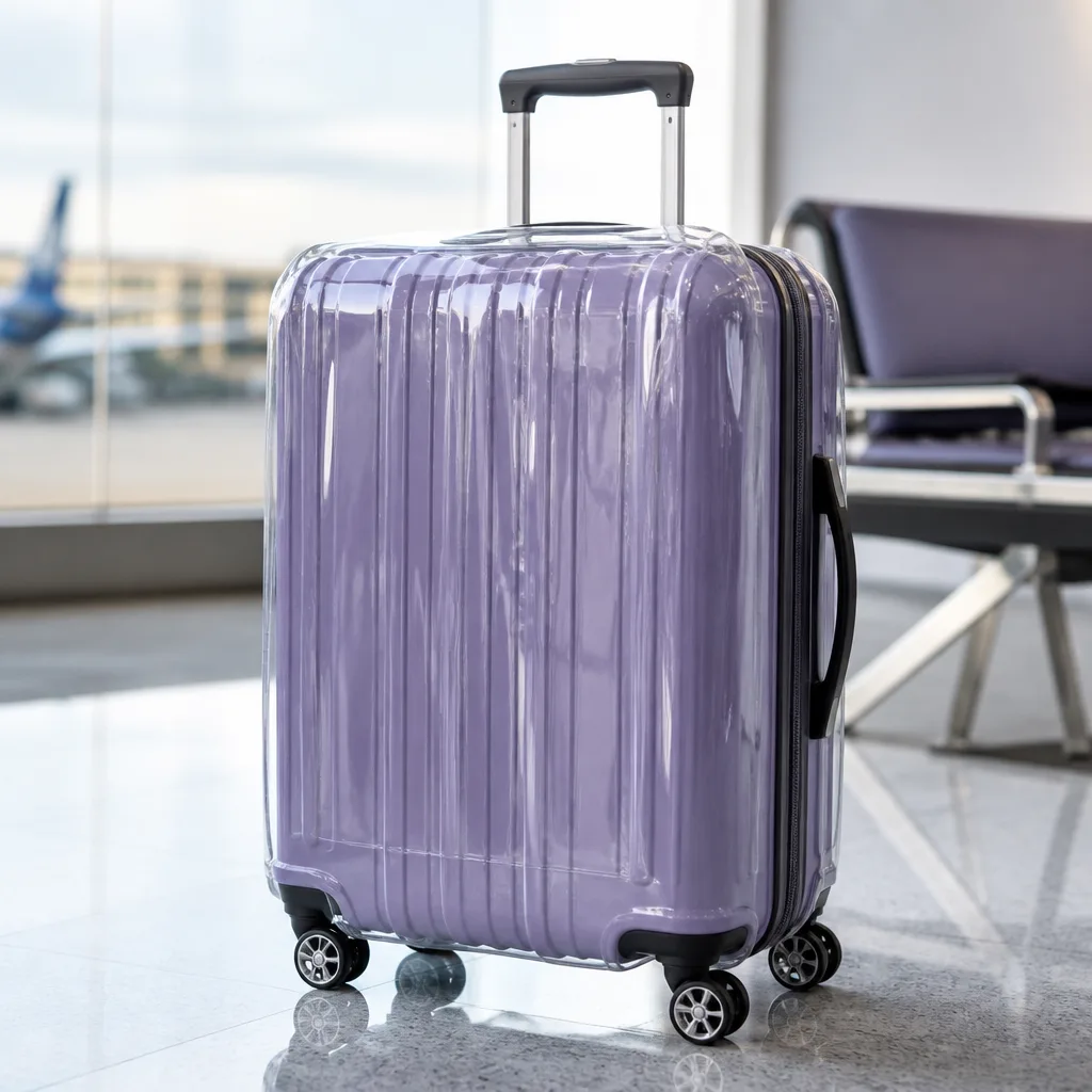 clear PVC protective cover over a glossy new hardshell suitcase, airport background, no faces