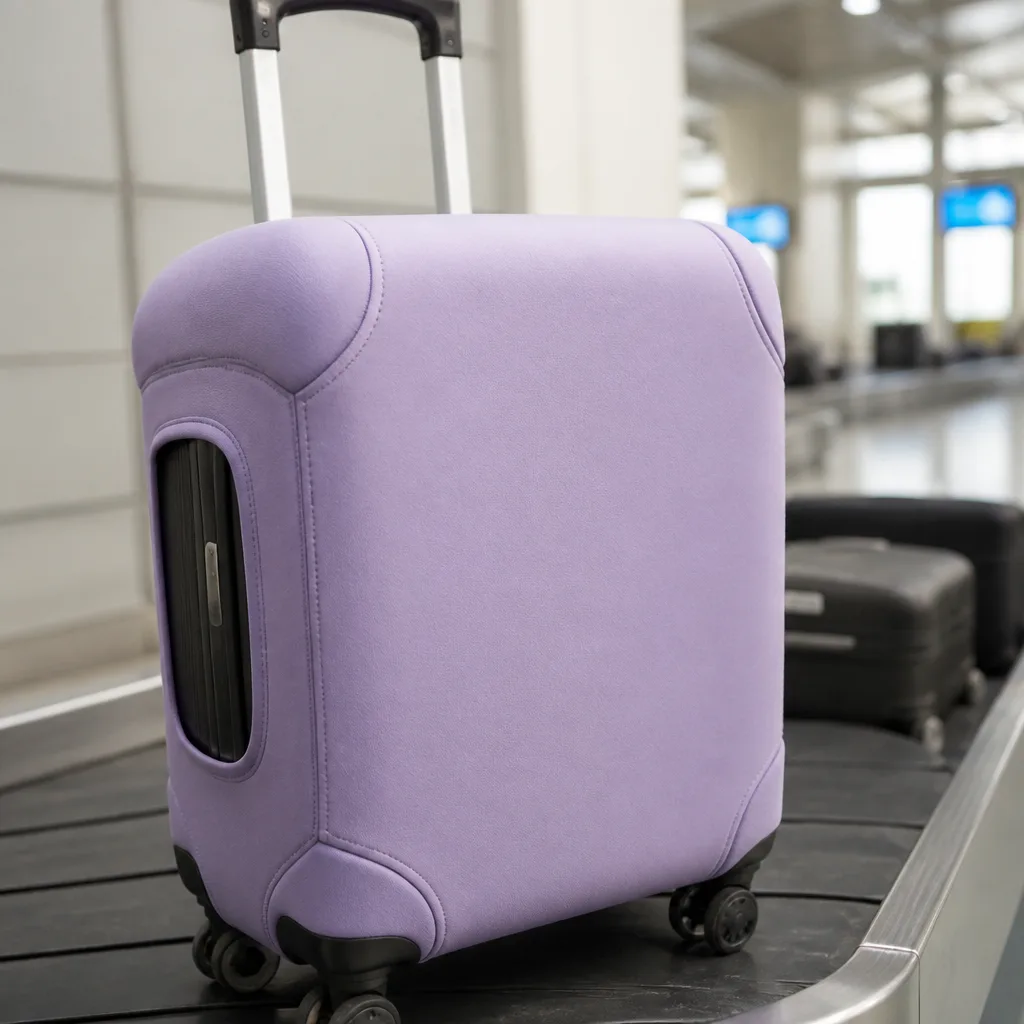 suitcase with a thick neoprene protective cover, focus on padded corners, airport luggage area, no faces