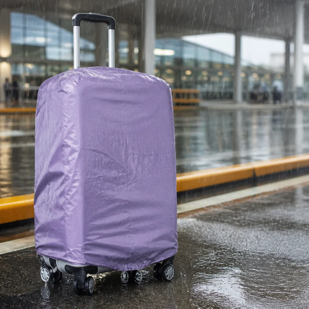suitcase with a rain cover in heavy rainfall at an outdoor airport transfer area, no faces