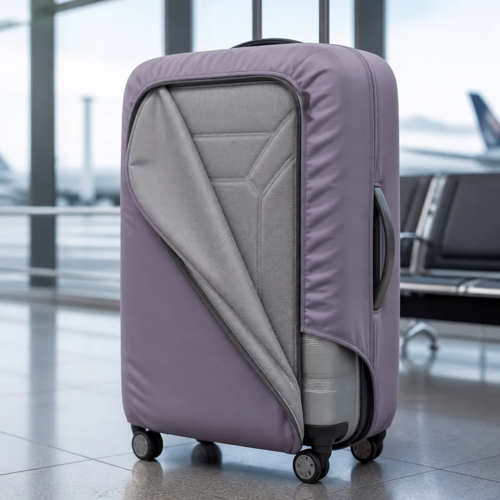 suitcase with a reinforced double layer protective cover, close-up of padded seams, airport background, no faces