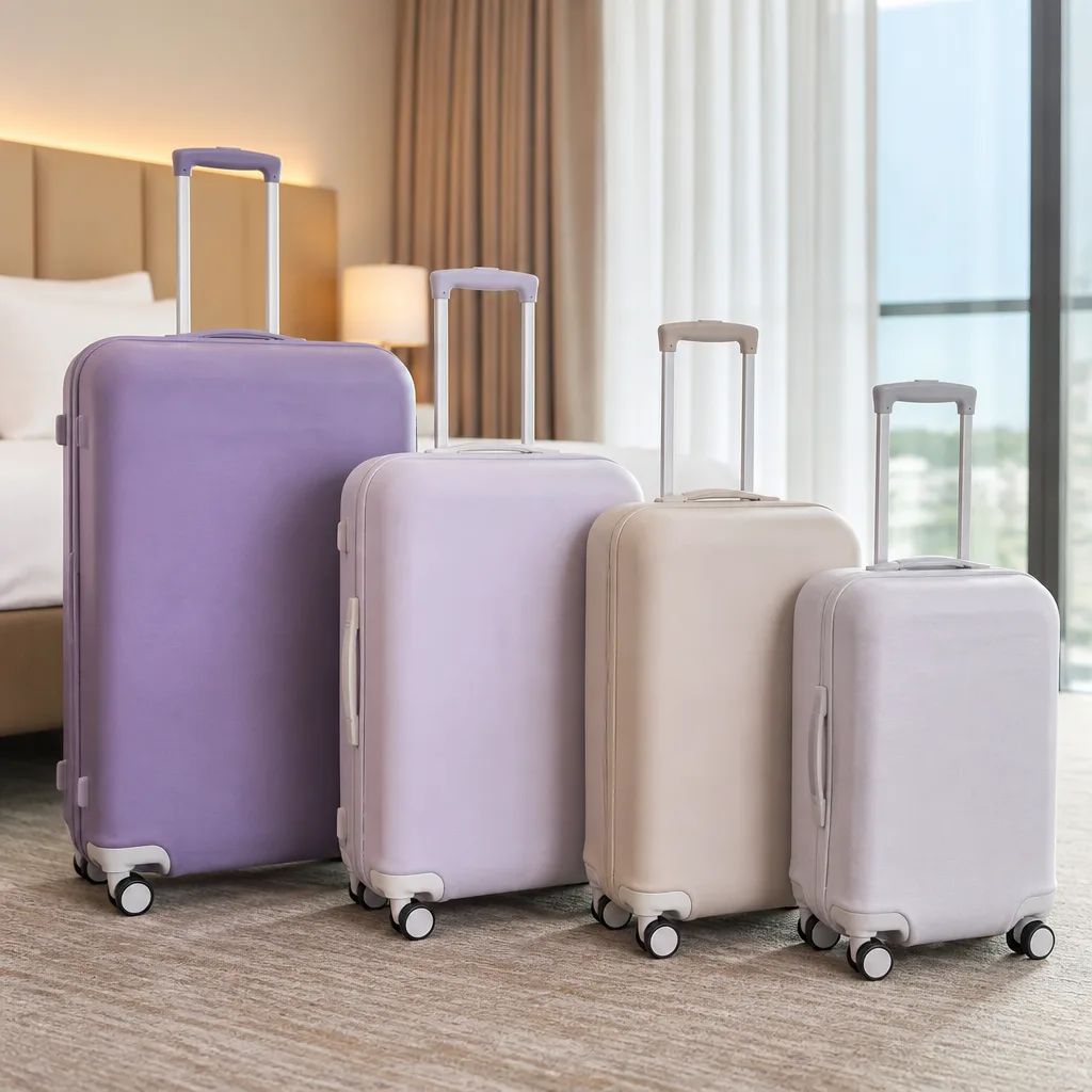 set of suitcase covers in matching pastel colors arranged side by side on a hotel room floor