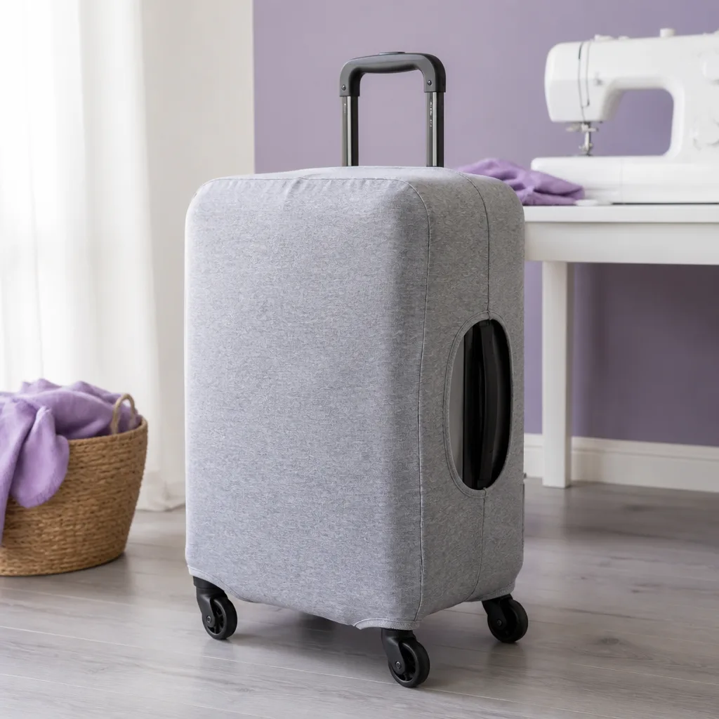 suitcase with a handmade protective cover sewn from repurposed gray sweatshirt fabric, sewing table in background, no faces