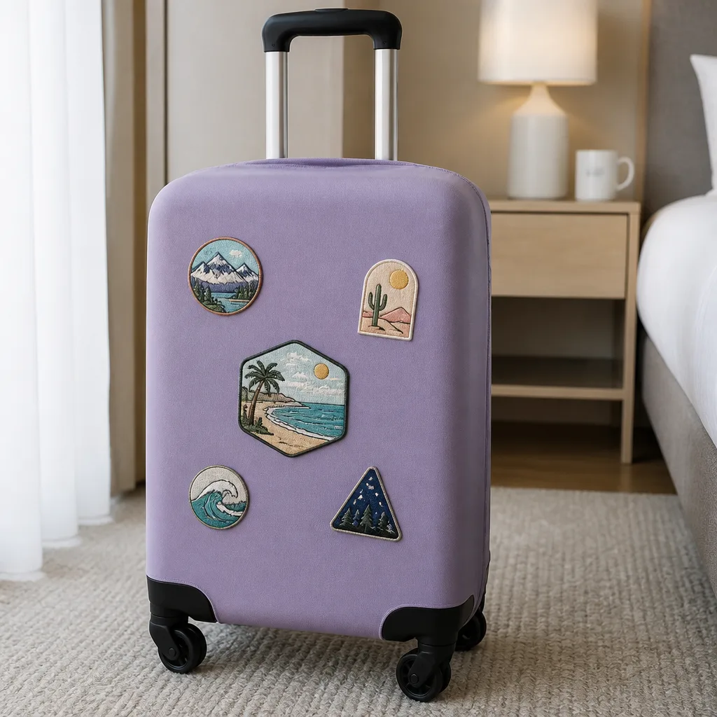 suitcase with a plain protective cover decorated with several sewn-on fabric patches, close-up craft photography, no faces