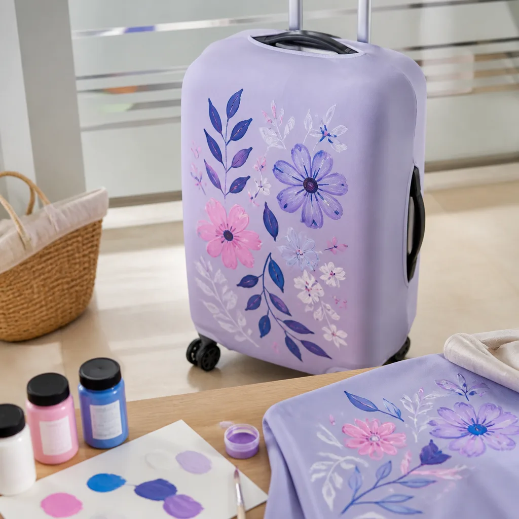 suitcase with a hand-painted protective cover using colorful textile paint, craft table close-up, no faces