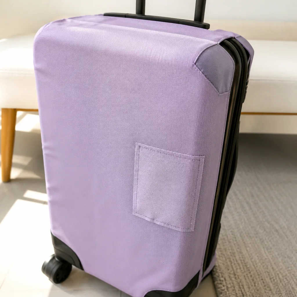 suitcase with a repaired protective cover showing a neatly sewn patch over a small tear, close-up, no faces
