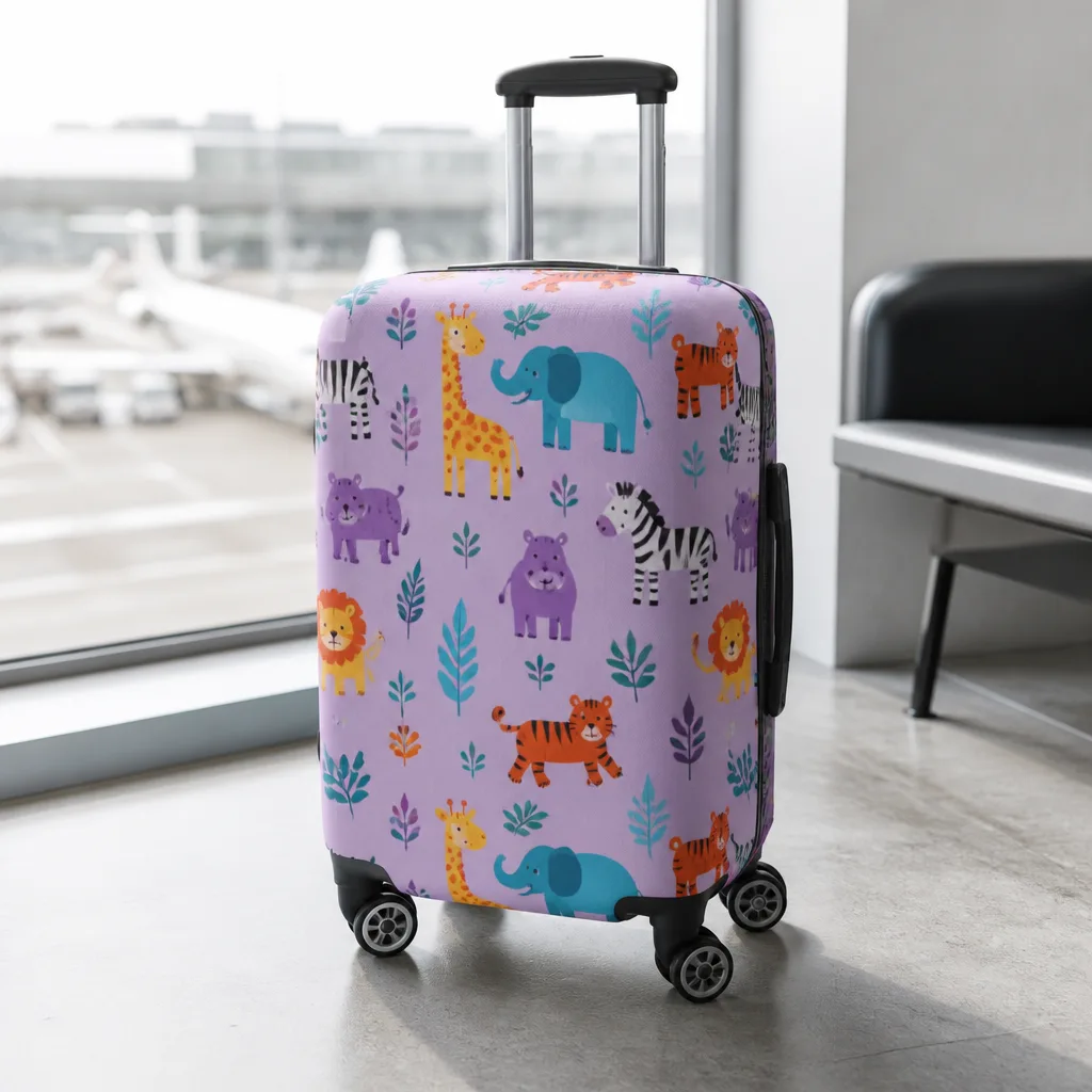 child's suitcase with a colorful animal print protective cover, playful design, airport background, no faces