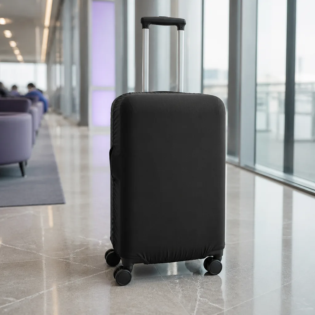 black suitcase with a matte protective cover in an airport corridor, professional travel setting, no faces