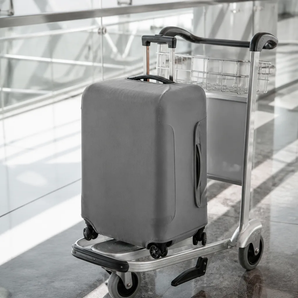 gray suitcase with a subtle protective cover on an airport luggage cart, minimal travel setting, no faces
