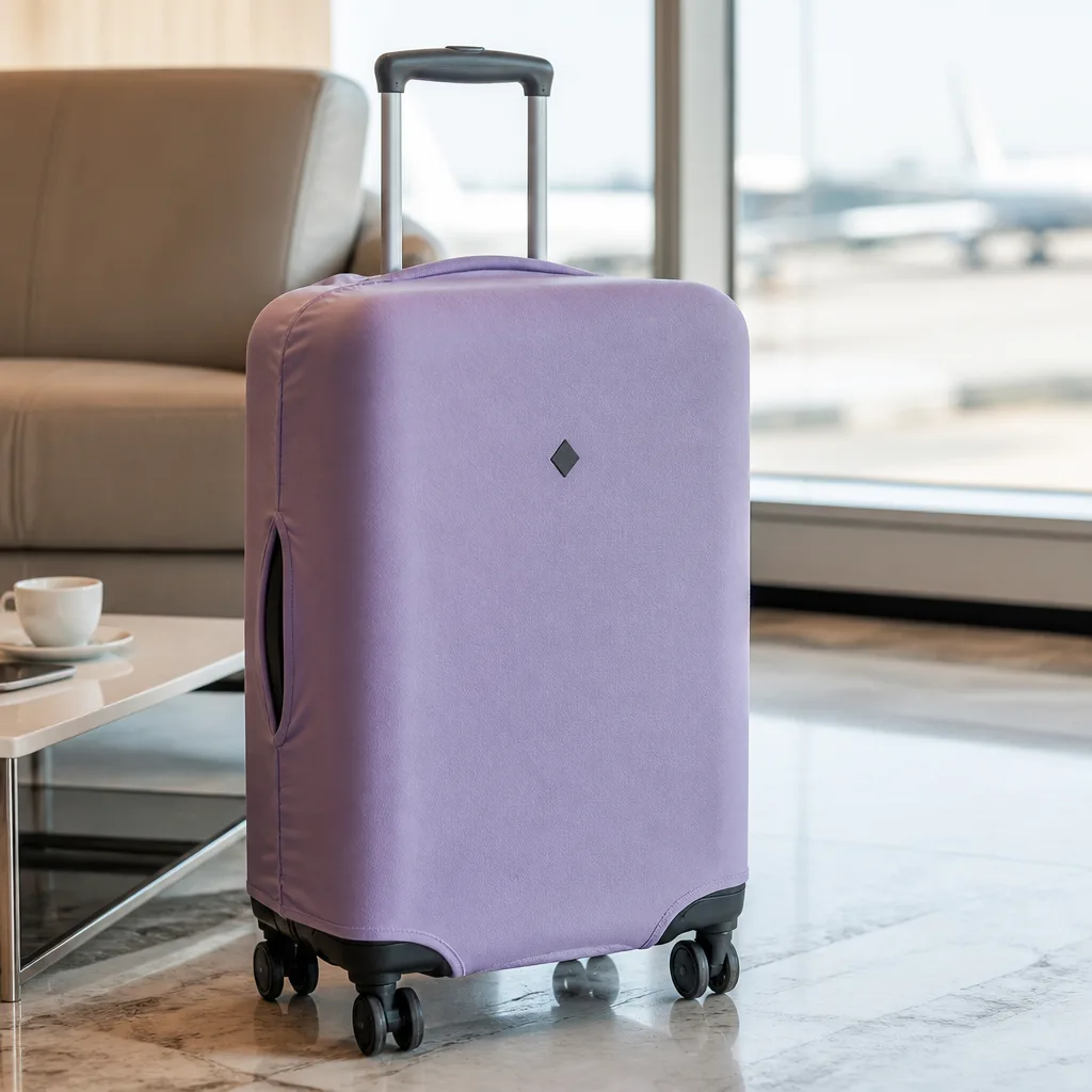 business suitcase with a protective cover featuring a small discreet printed symbol, airport lounge background, no faces