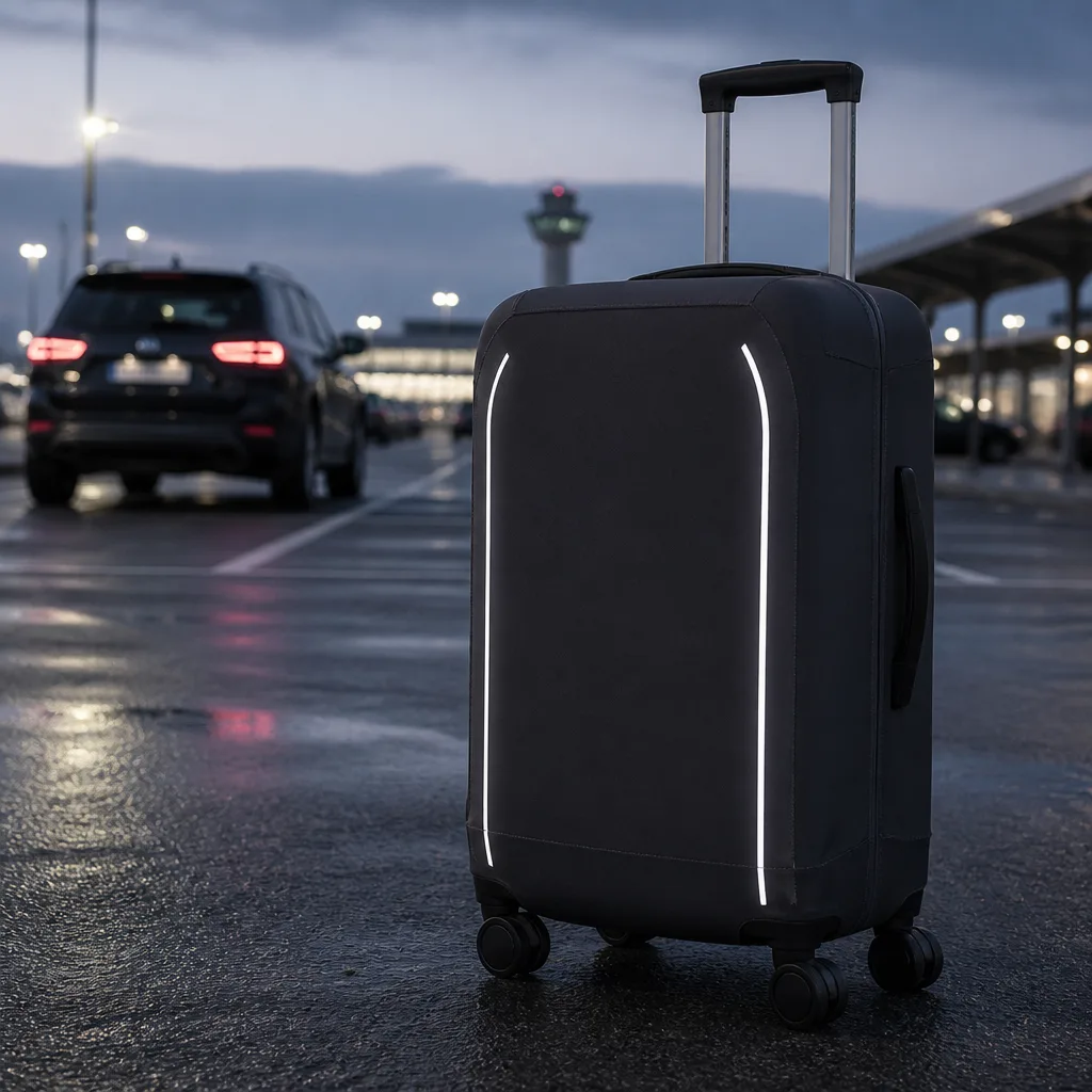 dark suitcase with a protective cover featuring reflective stripes, dim airport parking area at dusk, no faces