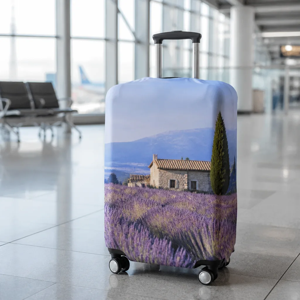 suitcase with a protective cover printed with a personal travel photograph, airport terminal background, no faces