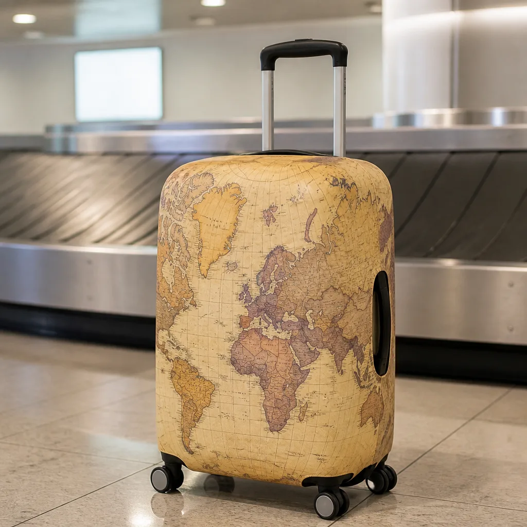 suitcase with a protective cover printed with a vintage world map design, airport background, no faces