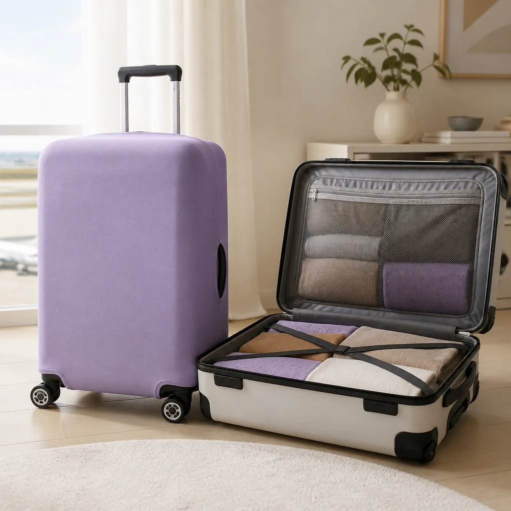 Hardshell suitcase with a fitted protective cover standing next to an open suitcase without cover