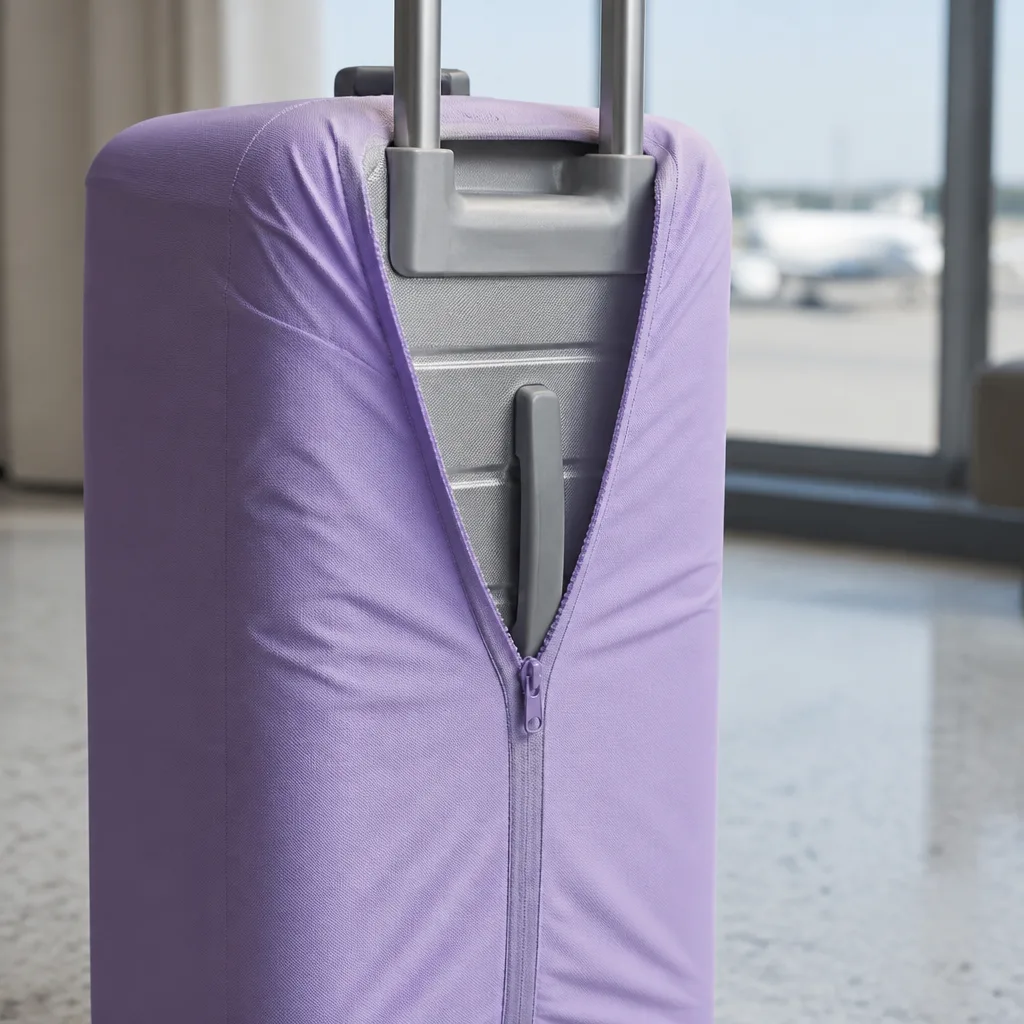 Close-up of a zipper opening cut into a fitted suitcase cover