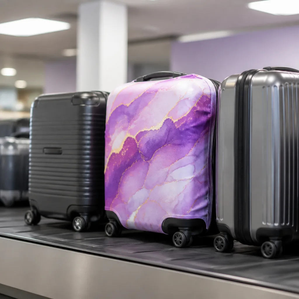 Bright colored suitcase cover with pattern standing out among plain suitcases on an airport luggage belt