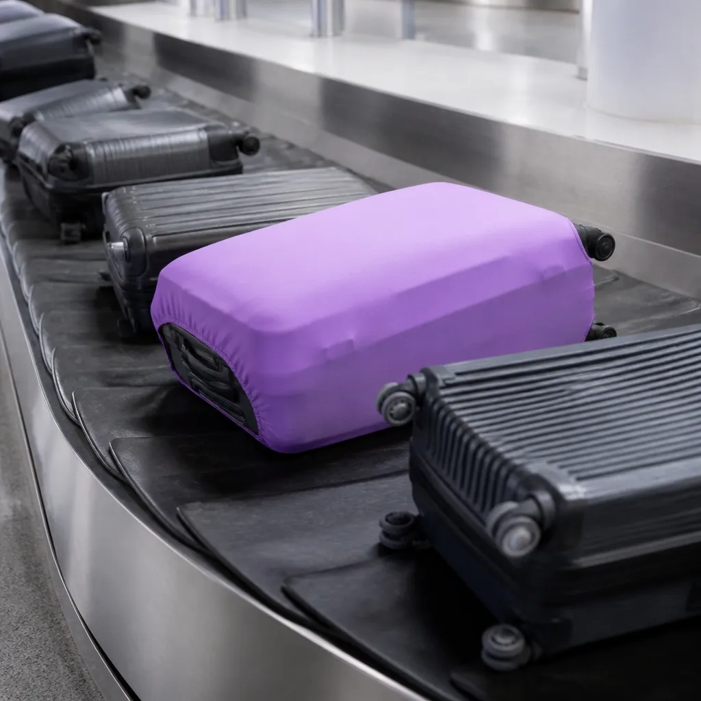 bright colored suitcase cover standing out among dark suitcases on an airport carousel