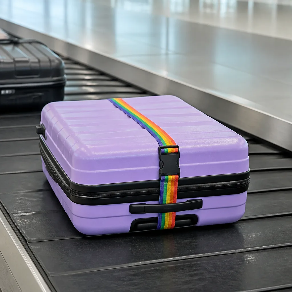colorful luggage strap wrapped around a suitcase for identification
