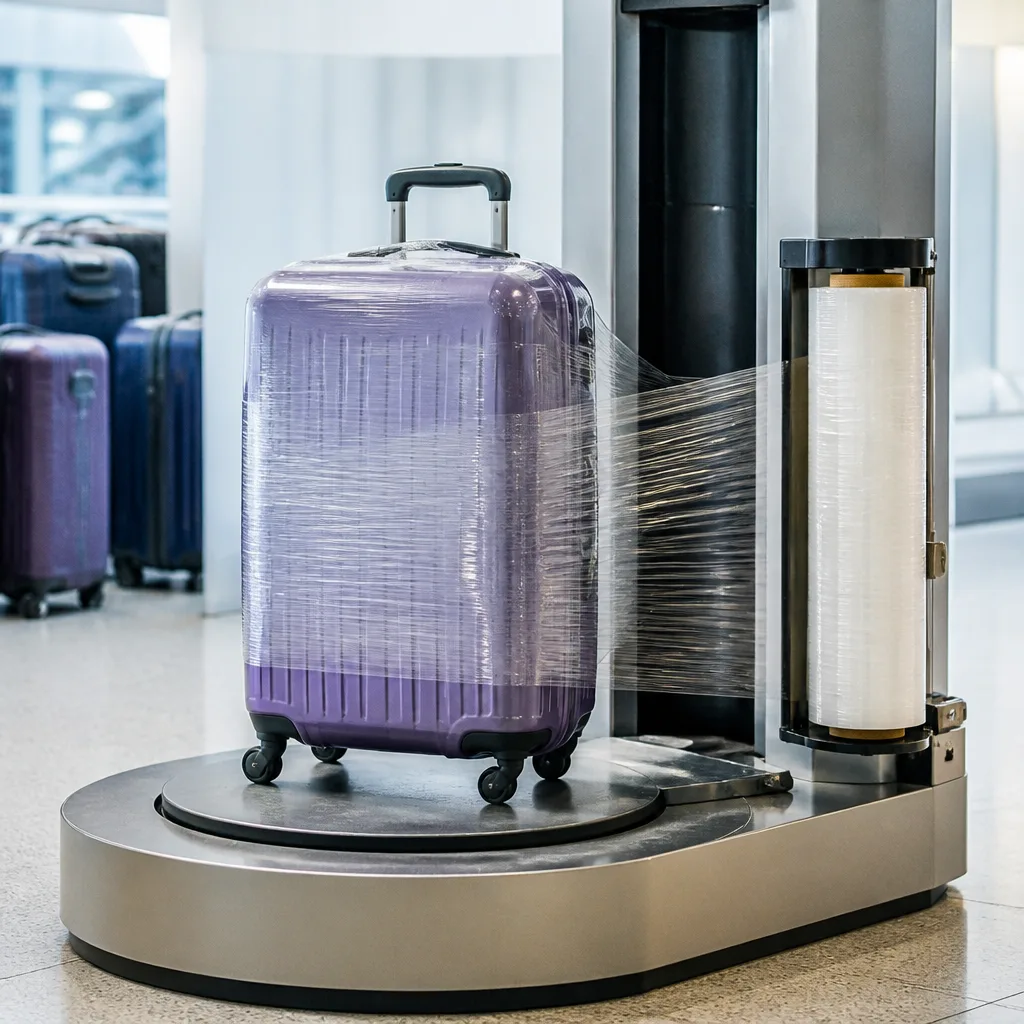 airport luggage wrapping machine covering a suitcase in stretch film