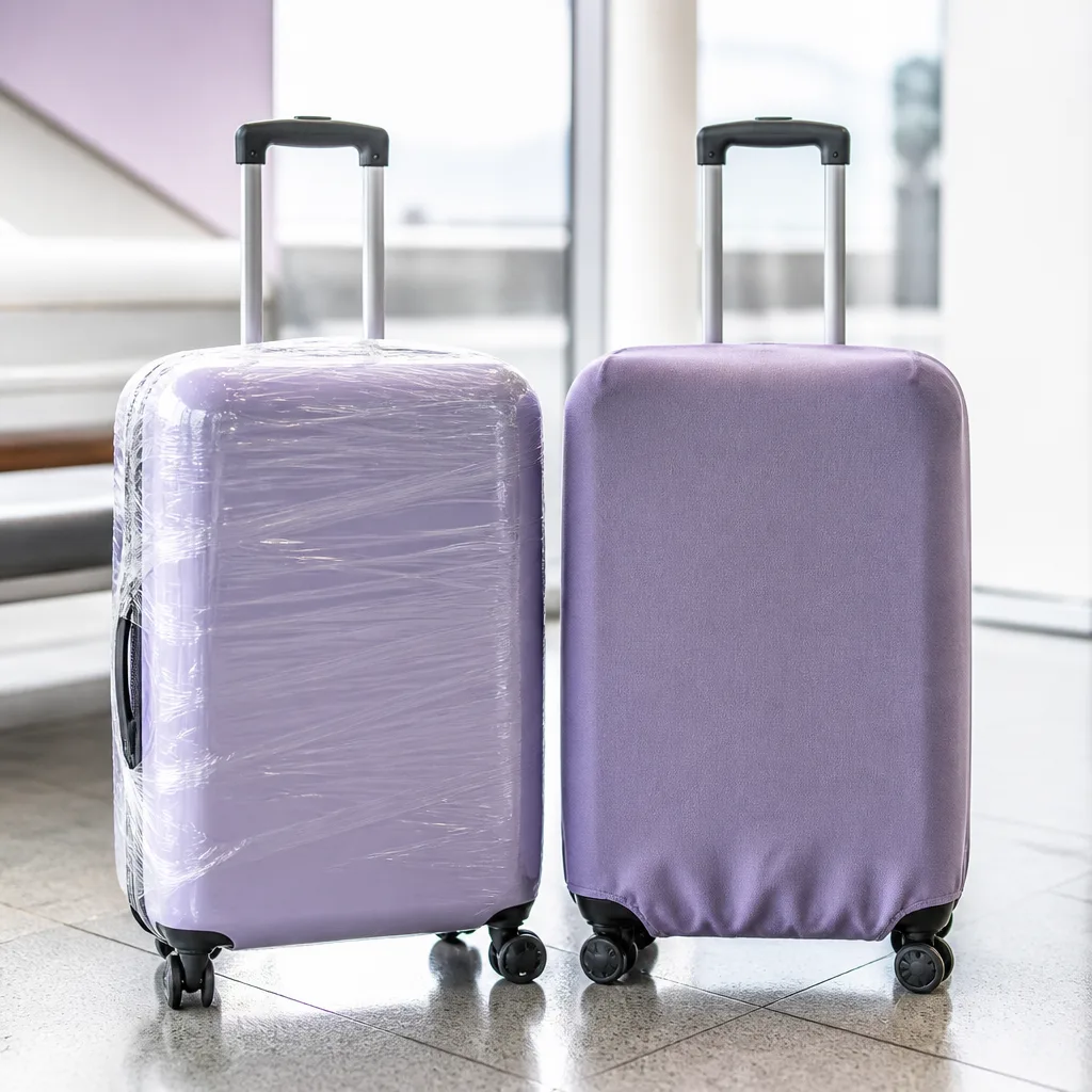 side by side suitcase, one wrapped in plastic film, one covered with a fitted textile protector