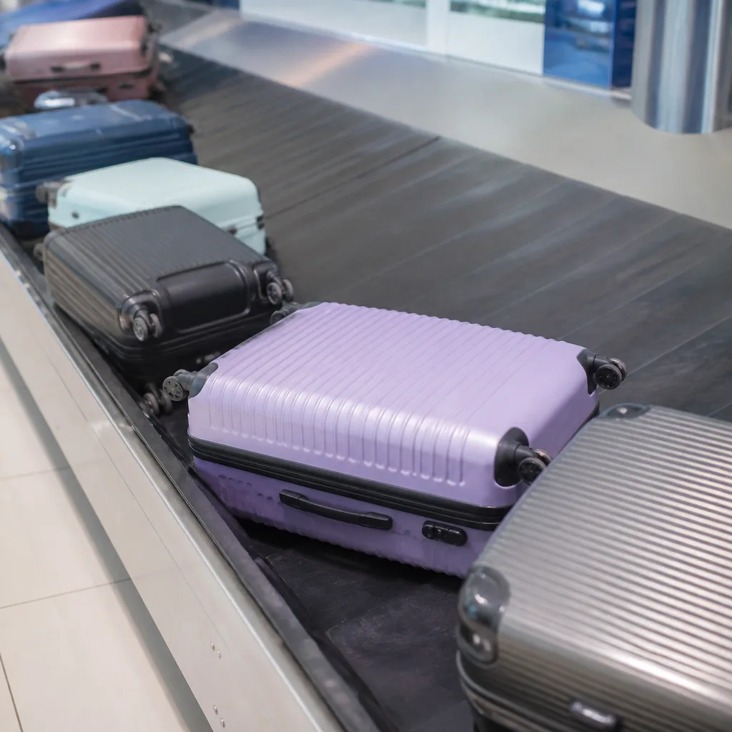 hard shell suitcase sliding along an airport conveyor belt among other luggage