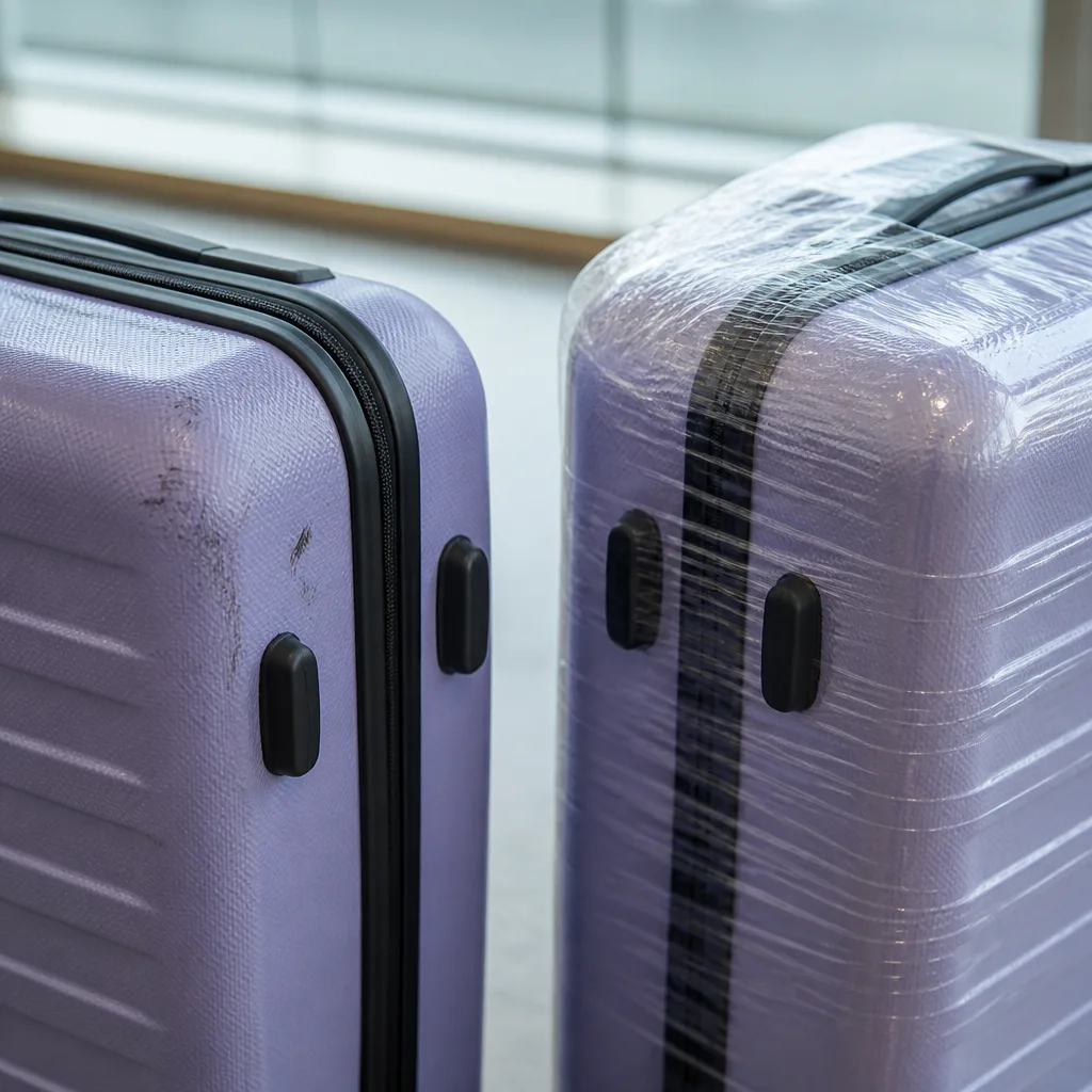 close-up of a suitcase corner with visible scuff marks compared to a wrapped corner