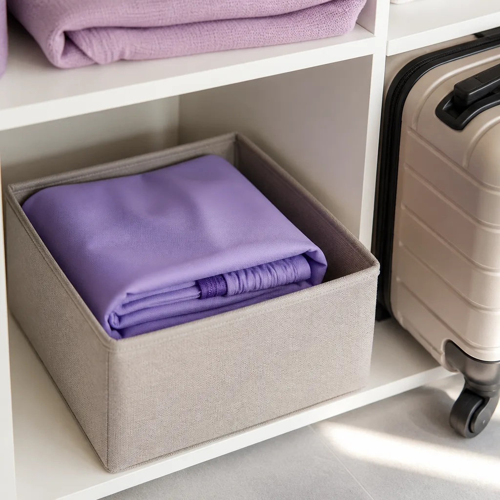 Folded suitcase cover stored neatly inside a fabric storage bag on a shelf