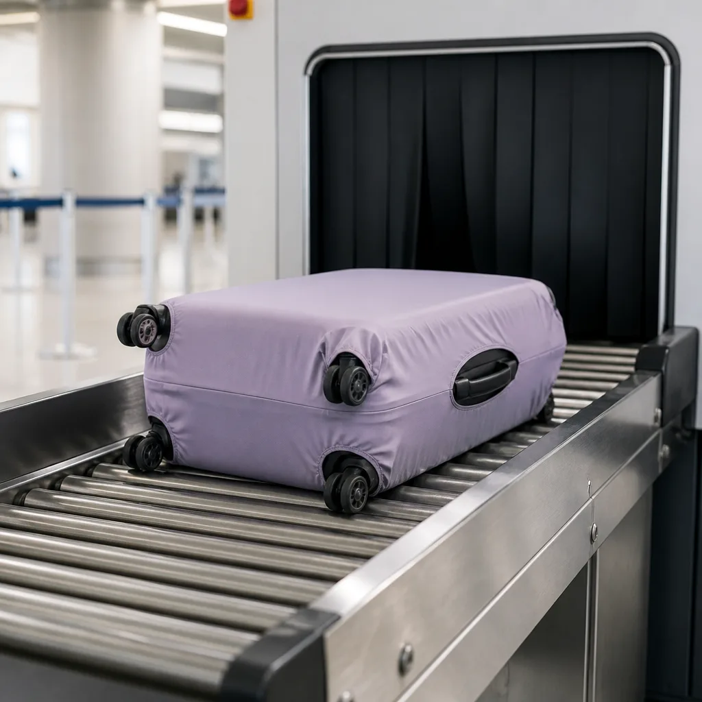 suitcase with a fitted protective cover on an airport luggage belt