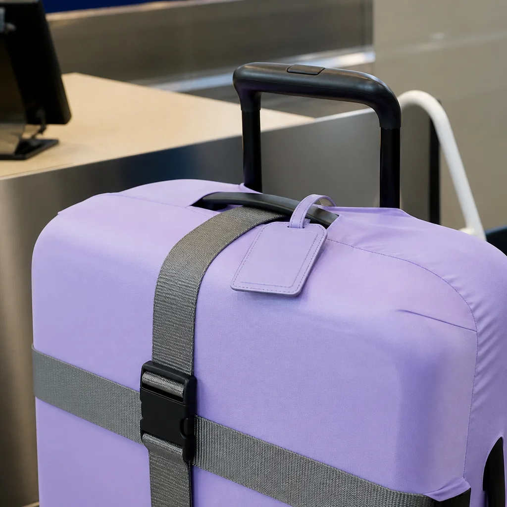 luggage tag and strap attached over a suitcase protective cover at check-in counter