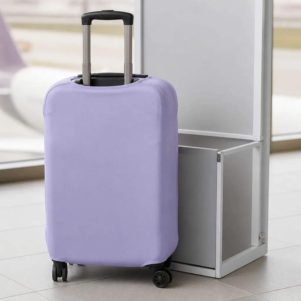 small cabin suitcase with a fitted protective cover standing next to an airplane boarding gate sizer