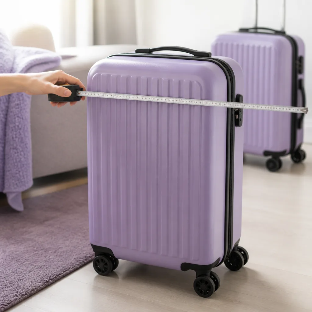 hand measuring the exact width of a small carry on suitcase with a tape measure