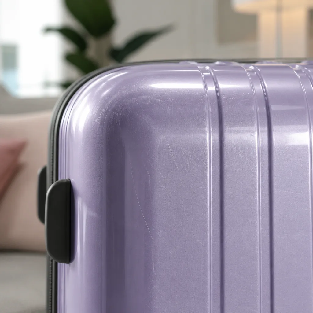 close up of fine scratch marks on a glossy hard shell suitcase surface