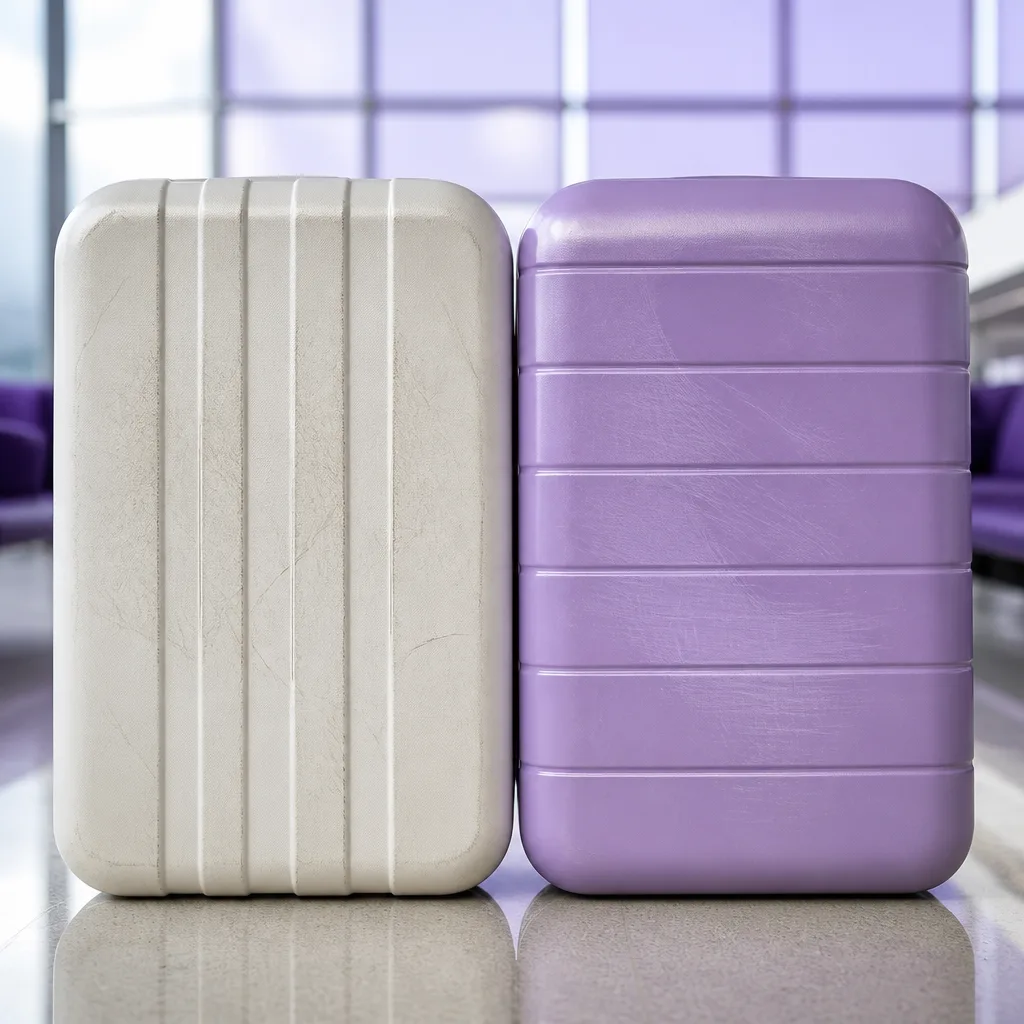 two suitcase shell material samples, one polycarbonate and one abs plastic, side by side