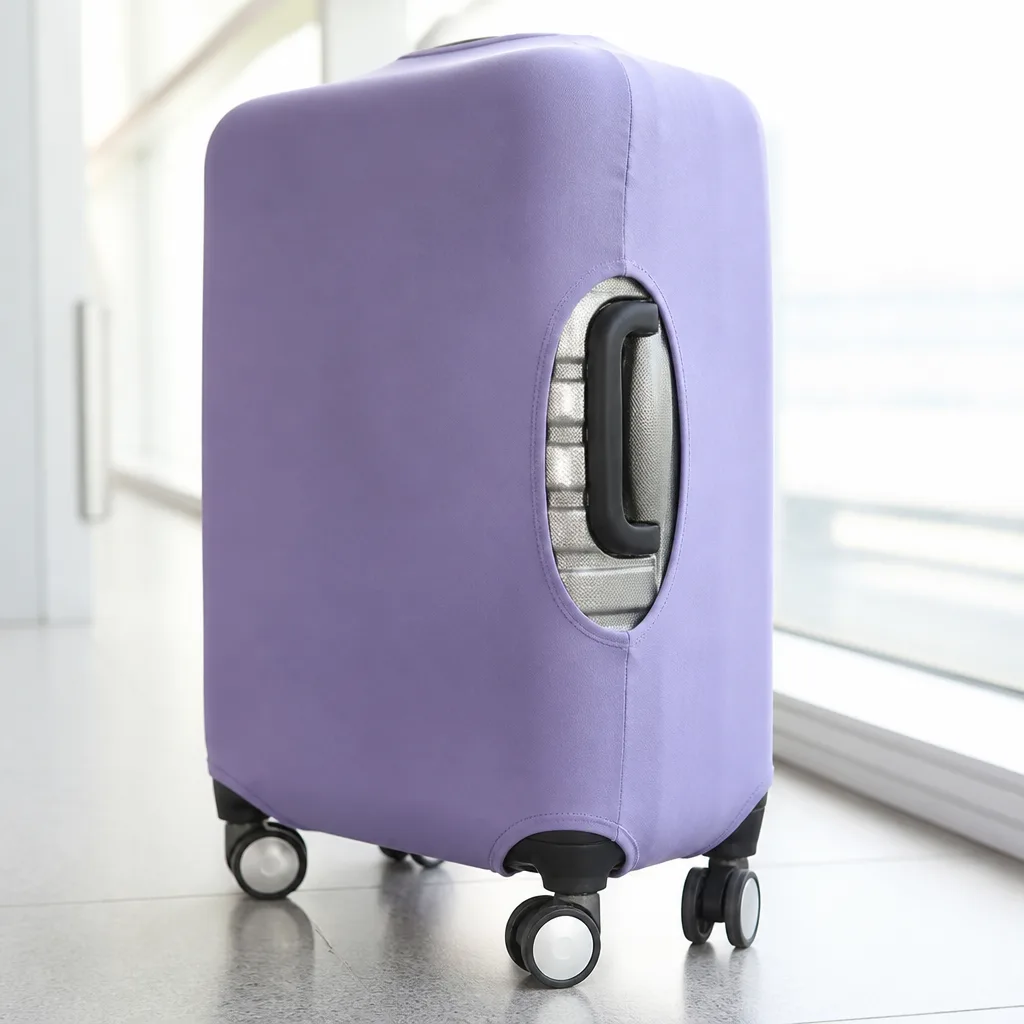 hard shell suitcase fitted with a stretchy protective cover, corner cutout visible