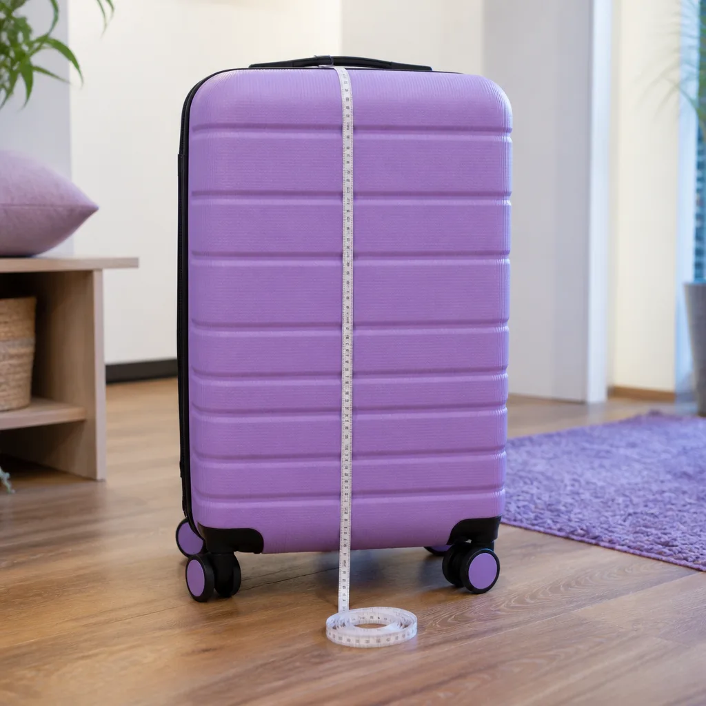 tape measure laid along the height of a suitcase on a wooden floor
