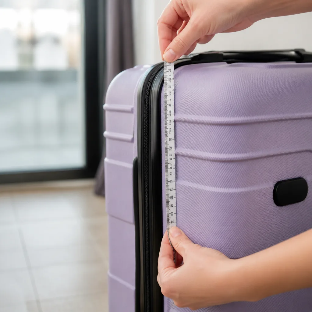 hands holding a flexible tape measure against the corner of a suitcase