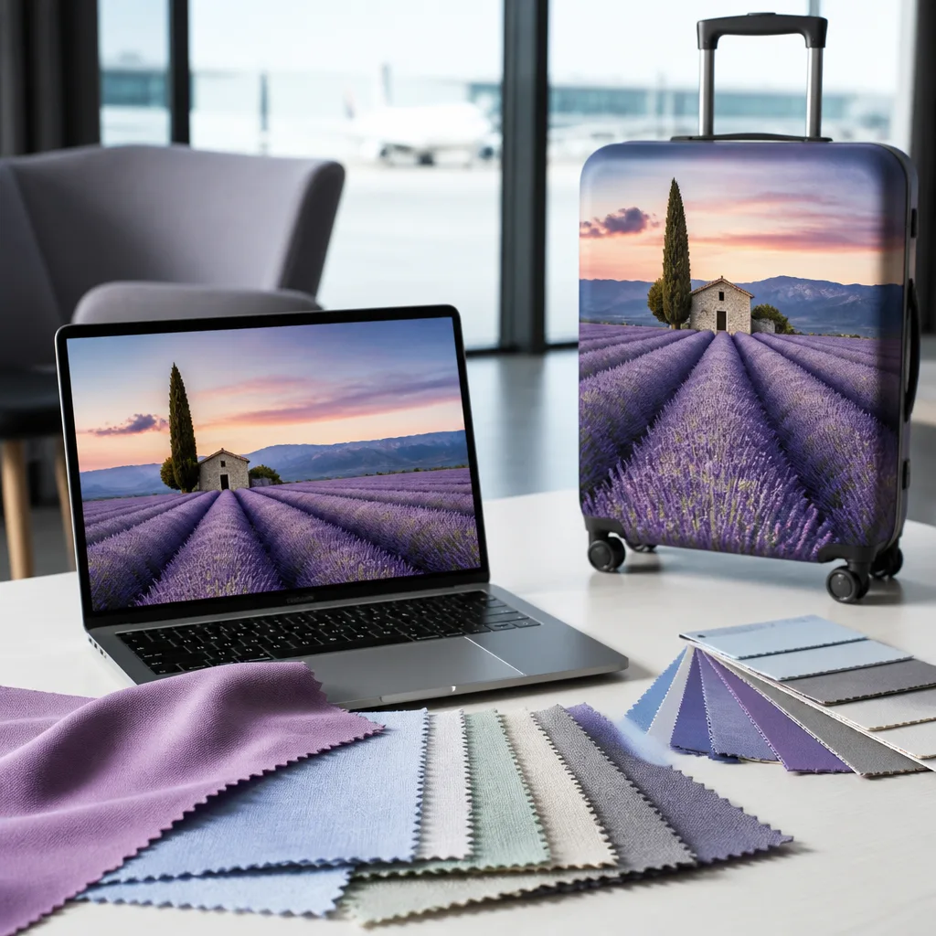 digital photo file displayed on a laptop screen next to fabric swatches for printing