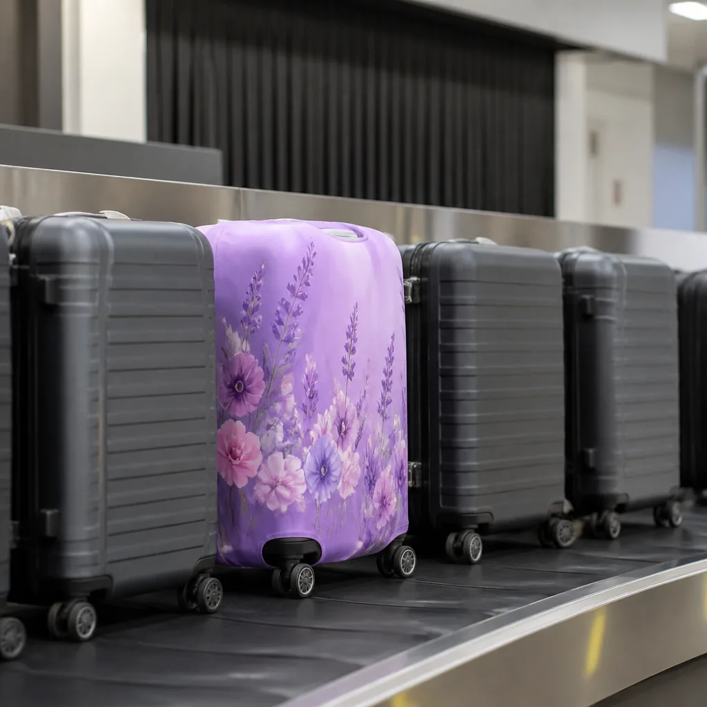 row of similar looking suitcases on an airport belt with one featuring a bright custom cover