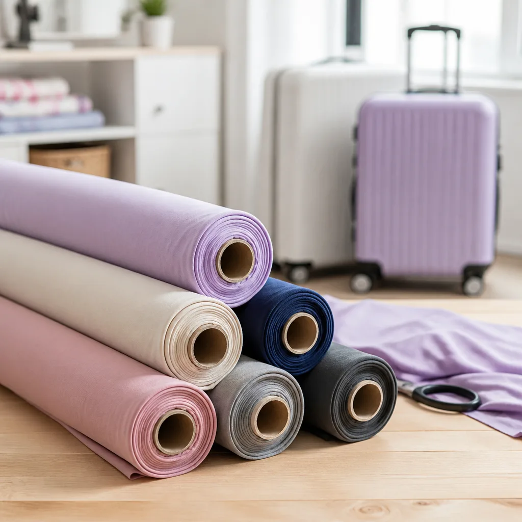 rolls of stretch fabric with elastane in various colors on a sewing table
